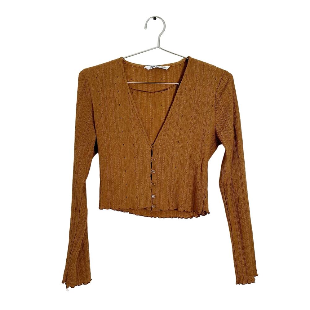 Zara Brown Burnt Orange Knit Cropped Sweater Cardigan sz L